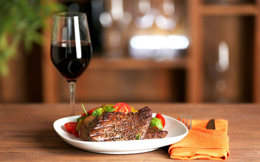 wine and beef steak